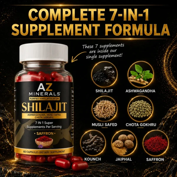 AZ Minerals Shilajit 7-in-1 Capsules with Ashwagandha, Musli Safed, Chota Gokhru & Saffron |